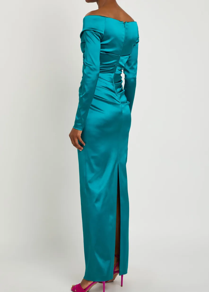 Off-the-shoulder gathered satin maxi dress