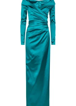 Off-the-shoulder gathered satin maxi dress