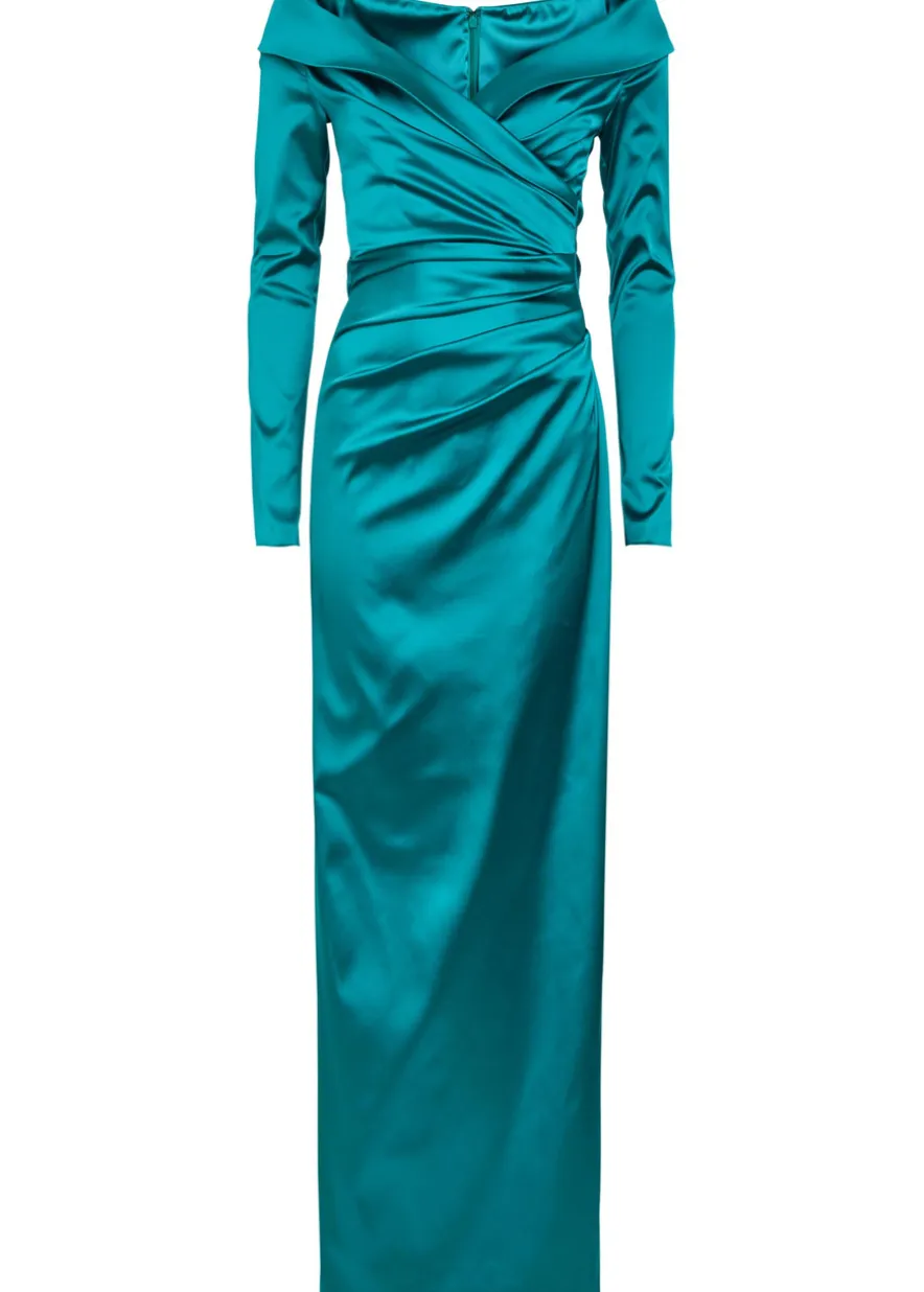 Off-the-shoulder gathered satin maxi dress