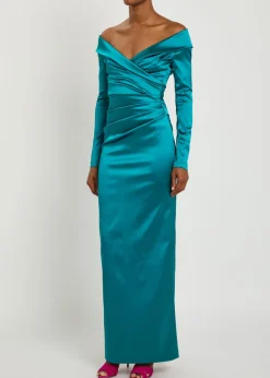Off-the-shoulder gathered satin maxi dress