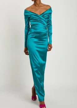 Off-the-shoulder gathered satin maxi dress