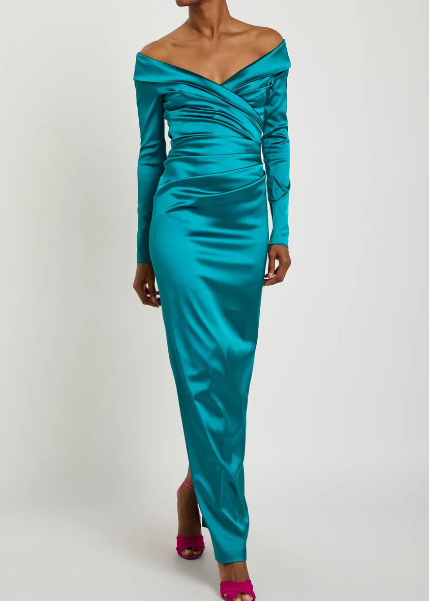 Off-the-shoulder gathered satin maxi dress