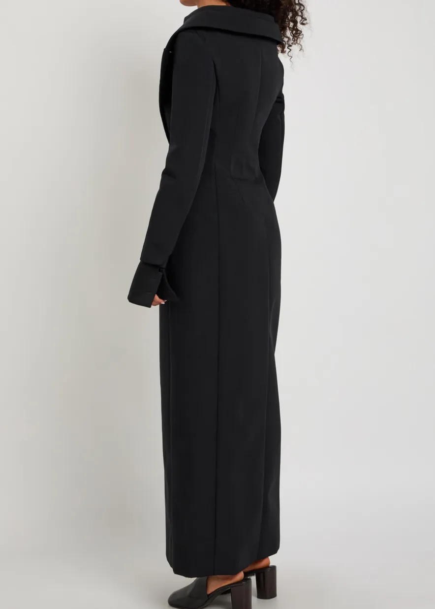 Off-the-shoulder maxi blazer dress