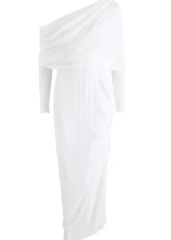 Off-the-shoulder plissé maxi dress