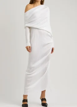Off-the-shoulder plissé maxi dress