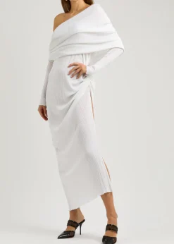 Off-the-shoulder plissé maxi dress