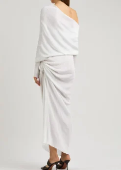 Off-the-shoulder plissé maxi dress