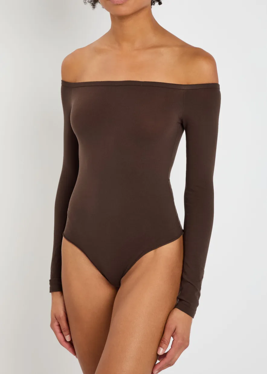 Off-the-shoulder stretch-nylon bodysuit