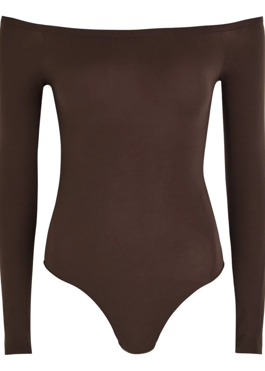 Off-the-shoulder stretch-nylon bodysuit