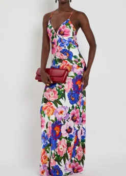 Olive floral-print satin maxi dress