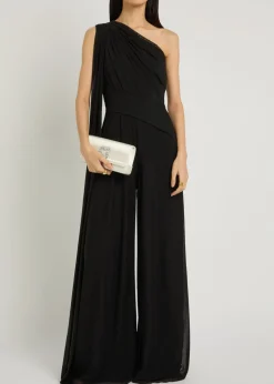 One shoulder draped mesh jumpsuit