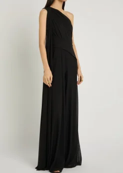 One shoulder draped mesh jumpsuit