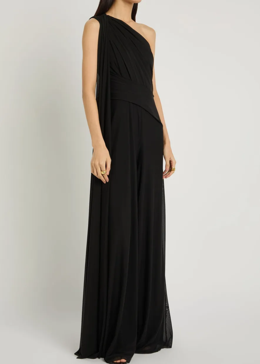 One shoulder draped mesh jumpsuit