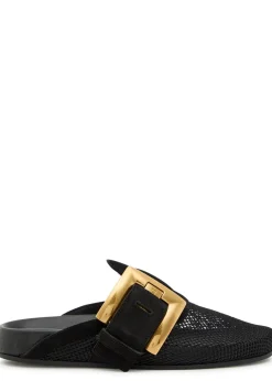 Oversized buckle suede mules