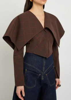 Oversized-collar checked cropped jacket