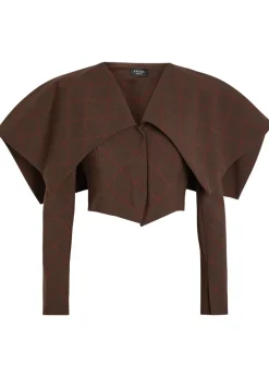 Oversized-collar checked cropped jacket