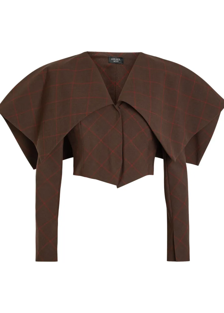 Oversized-collar checked cropped jacket