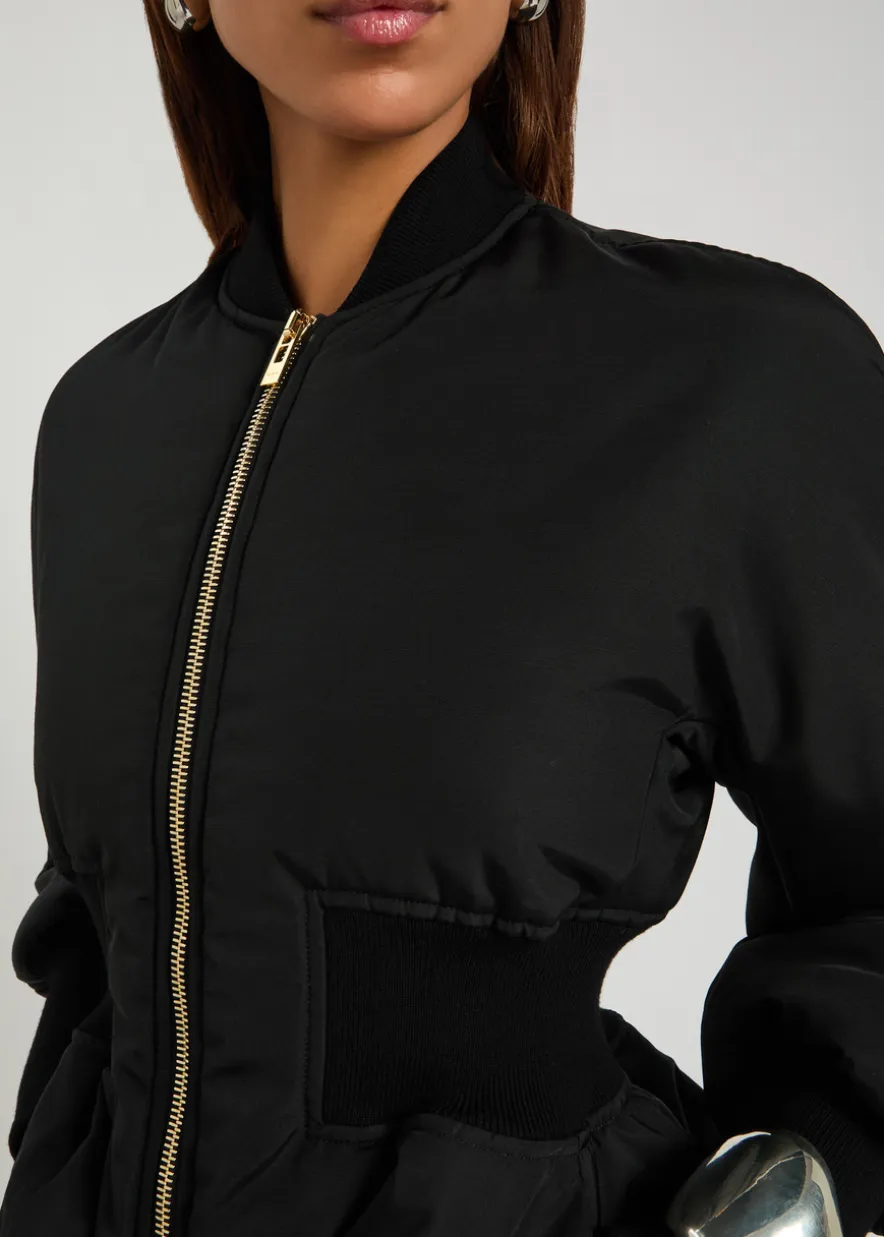 Padded peplum-hem woven bomber jacket