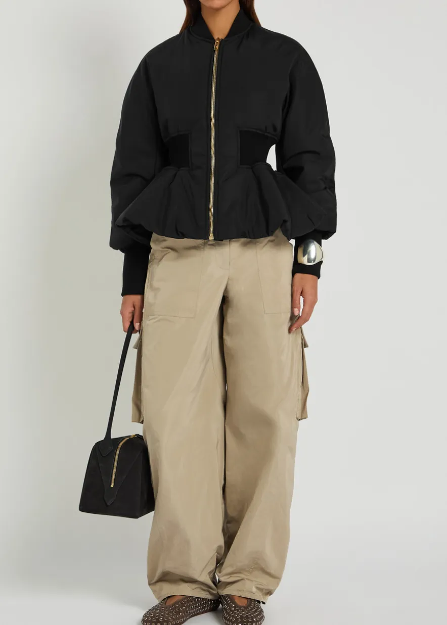 Padded peplum-hem woven bomber jacket