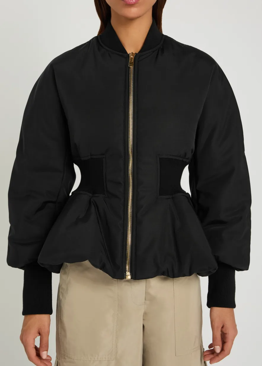 Padded peplum-hem woven bomber jacket