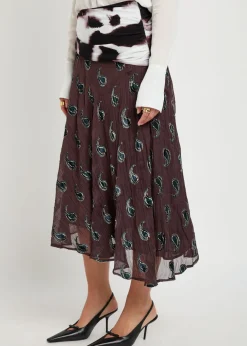 Paisley-devoré asymmetric silk-blend midi skirt