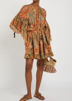 Paisley frill cotton mini dress
