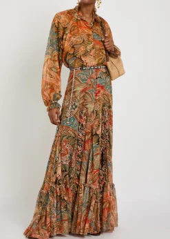 Paisley ruffled silk maxi skirt