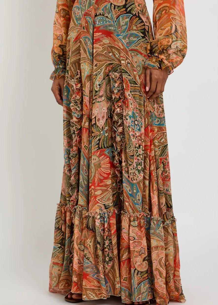 Paisley ruffled silk maxi skirt