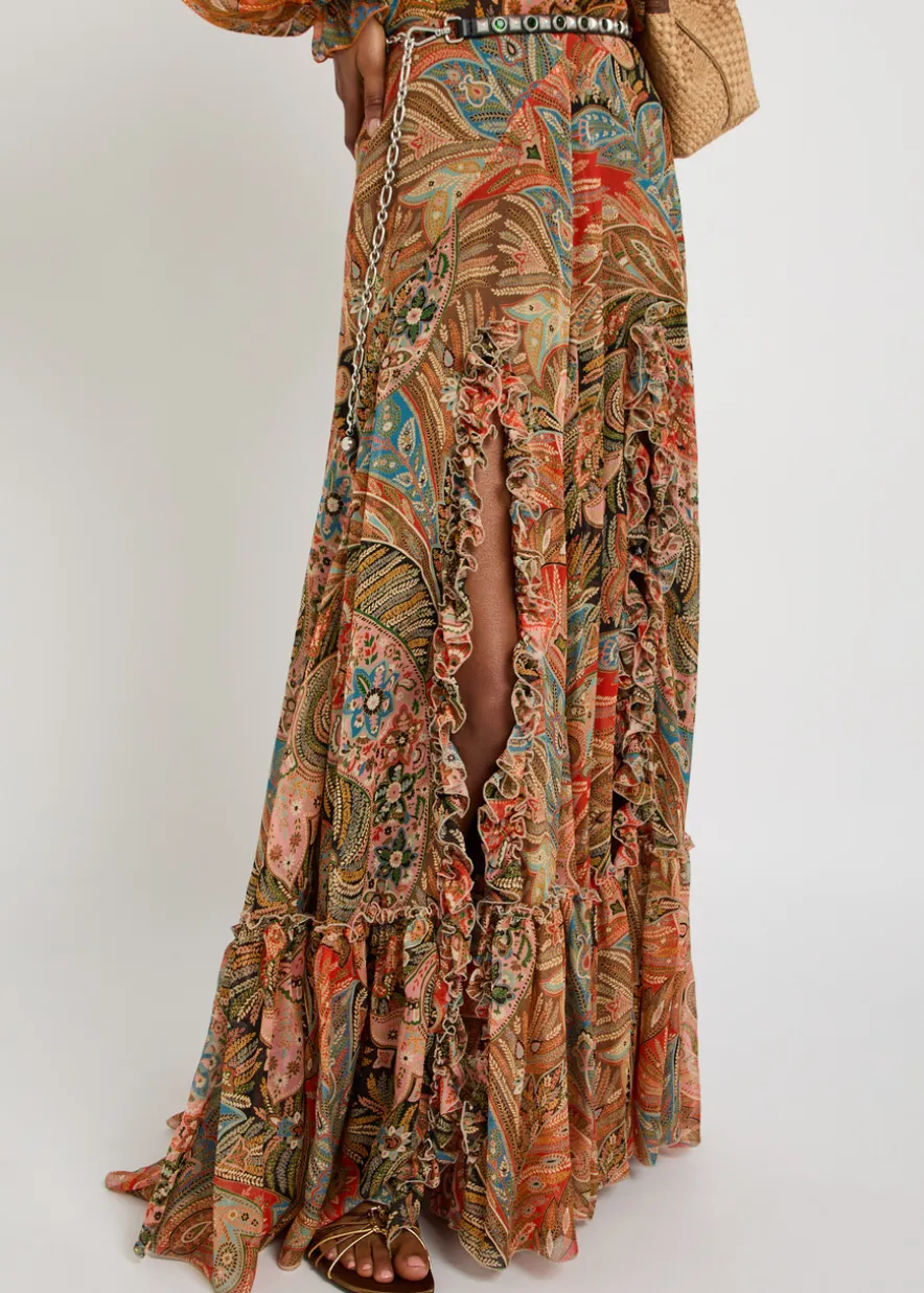 Paisley ruffled silk maxi skirt