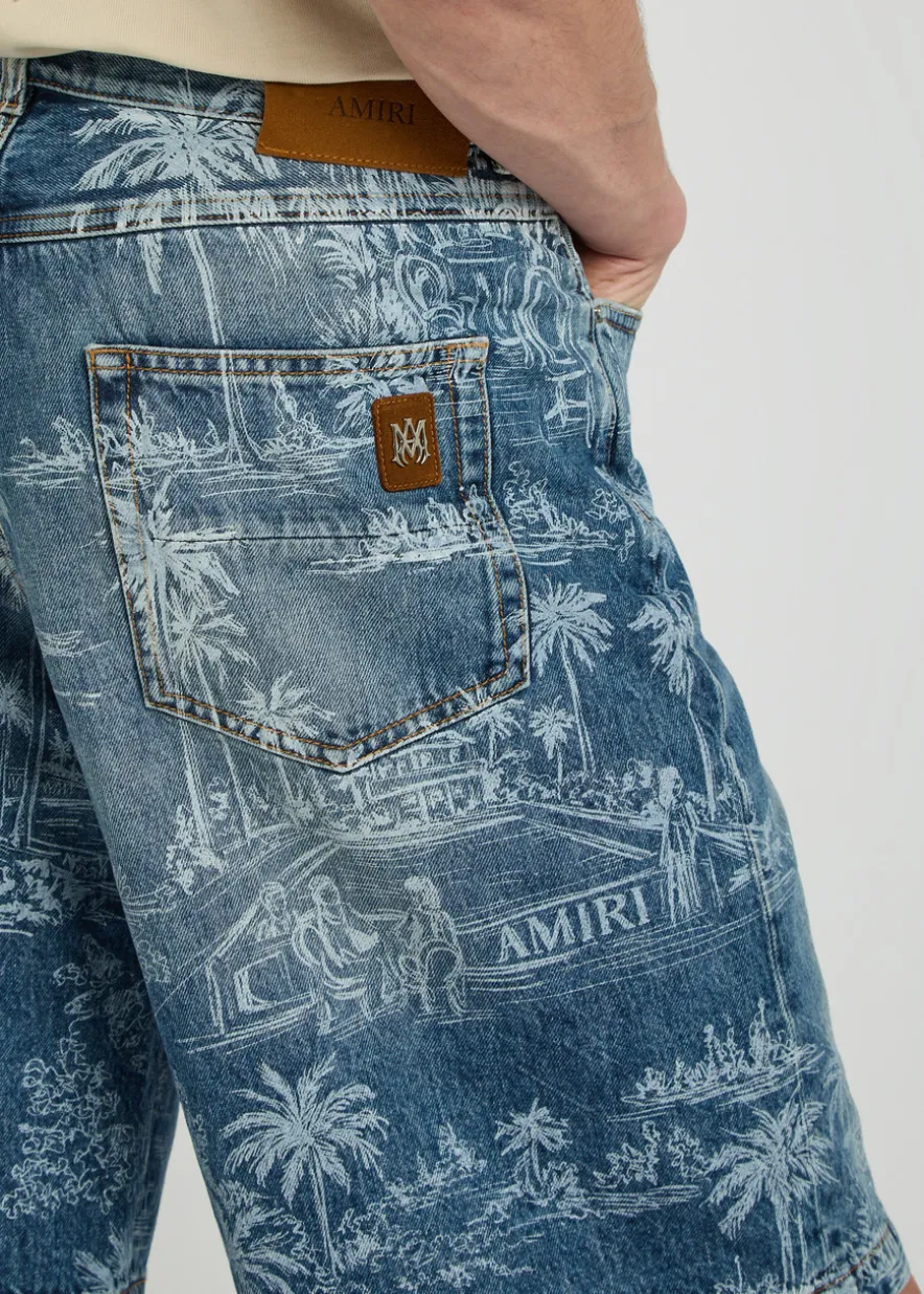 Palm printed denim shorts