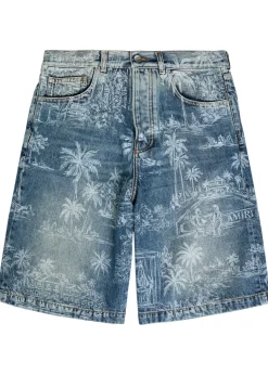 Palm printed denim shorts