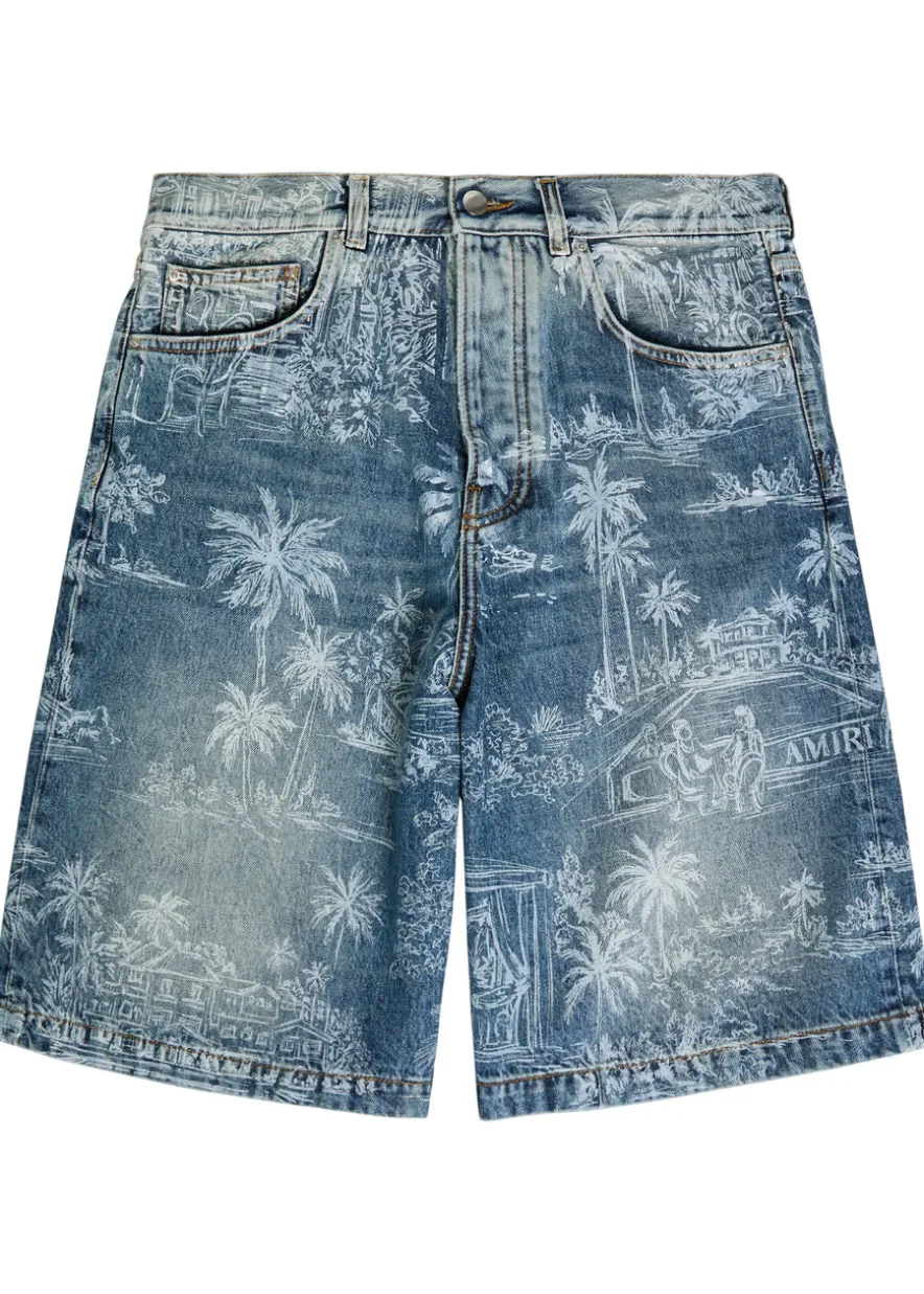 Palm printed denim shorts