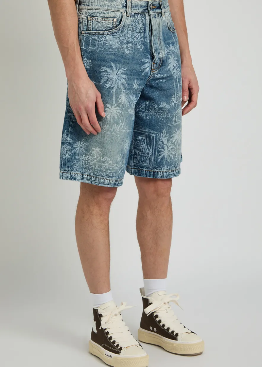 Palm printed denim shorts