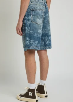 Palm printed denim shorts