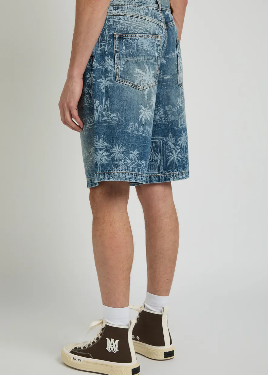 Palm printed denim shorts