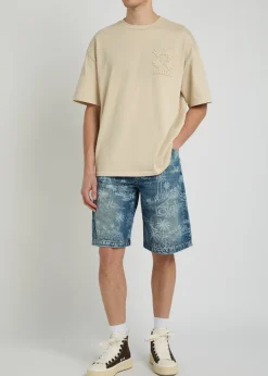Palm printed denim shorts