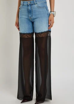 Panelled lace-trim wide-leg jeans