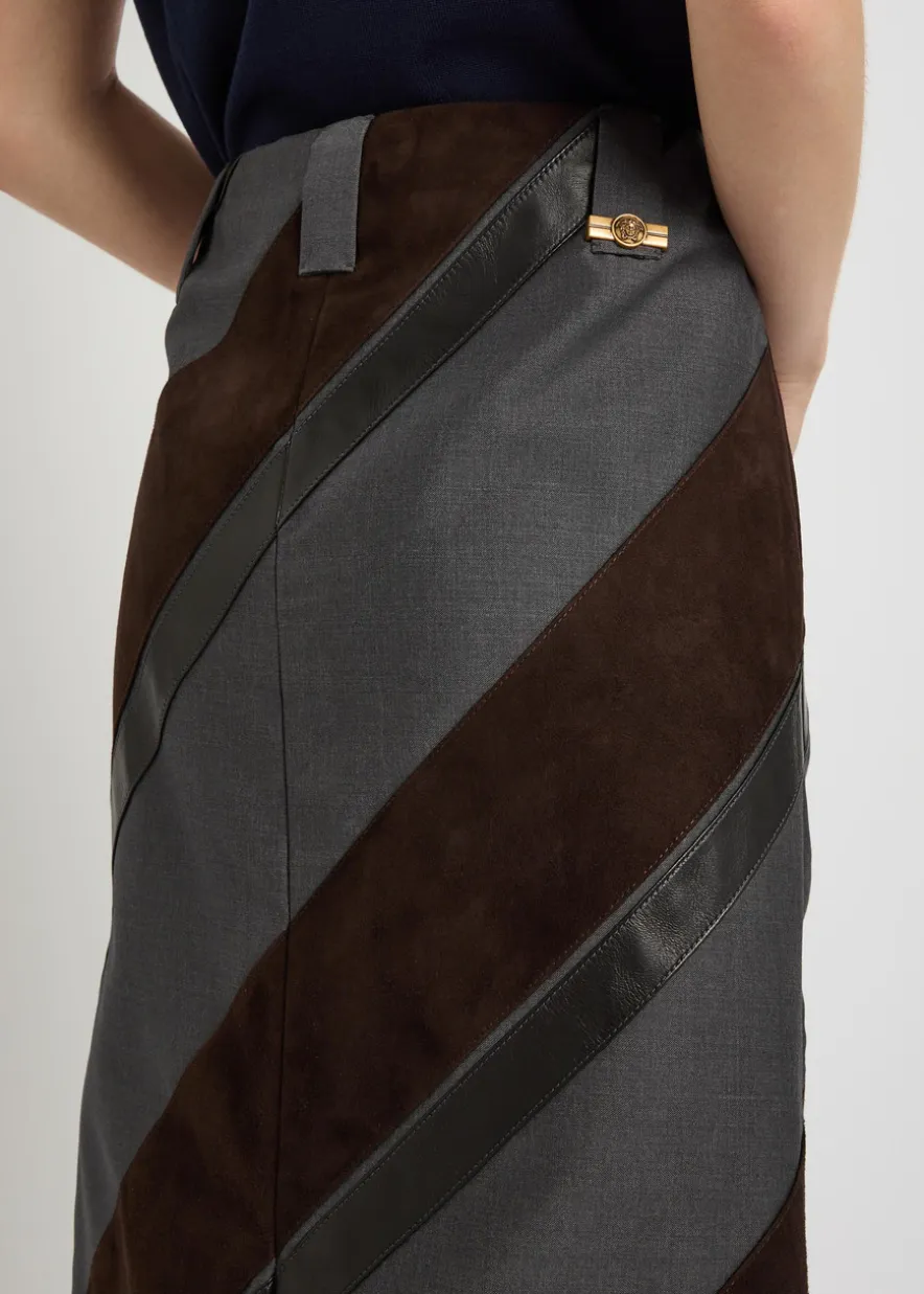 Panelled leather and mohair-blend knee-length skirt