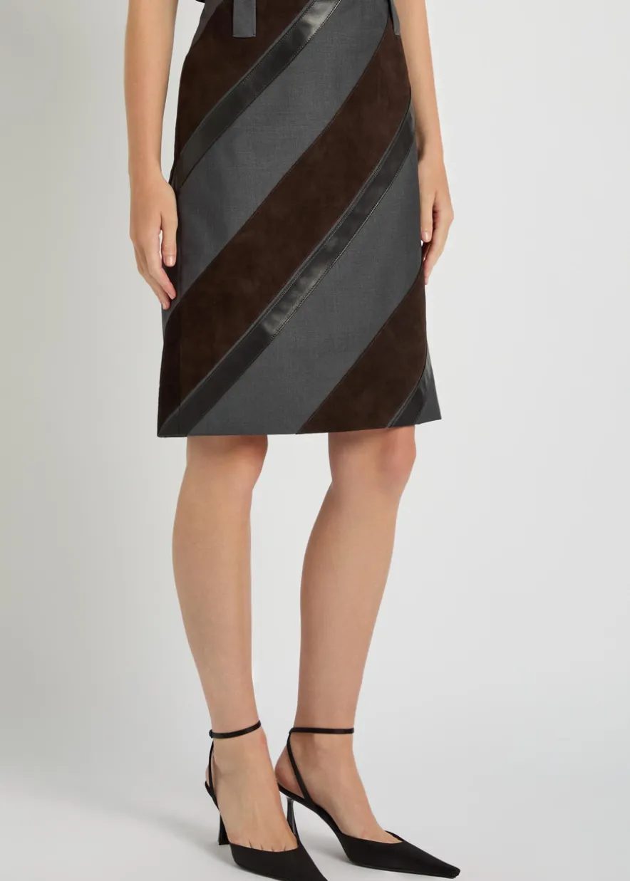 Panelled leather and mohair-blend knee-length skirt