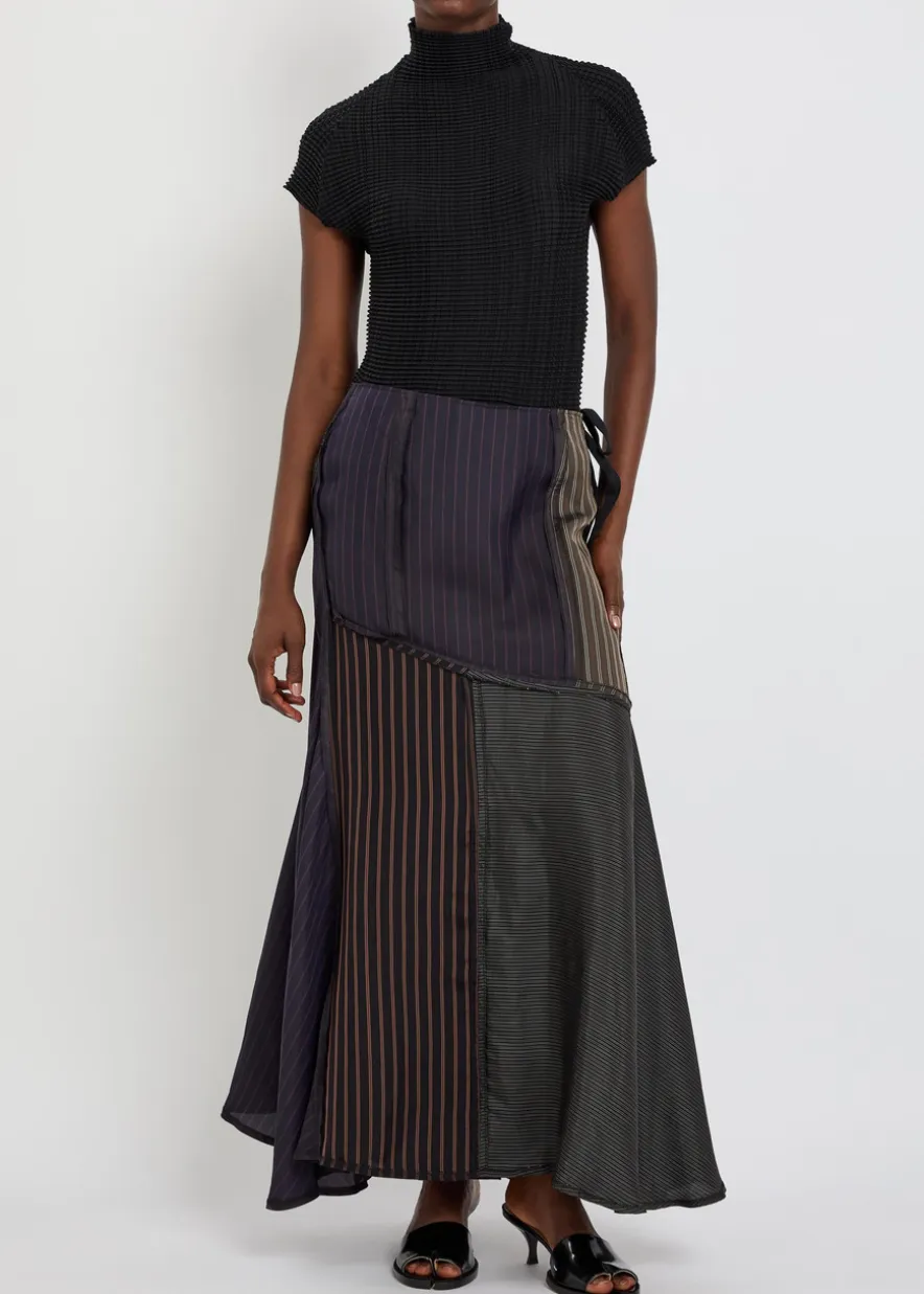 Panelled striped satin midi skirt