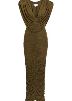 Parish cowl-neck ruched stretch-mesh midi dress