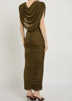Parish cowl-neck ruched stretch-mesh midi dress