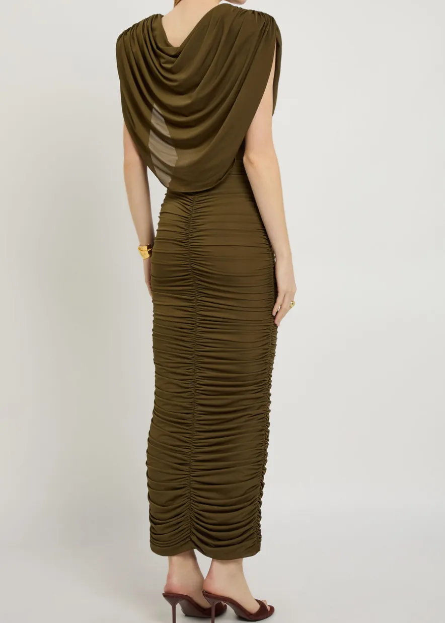 Parish cowl-neck ruched stretch-mesh midi dress