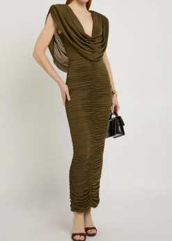 Parish cowl-neck ruched stretch-mesh midi dress