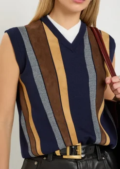 Patchwork fine-knit wool and suede vest