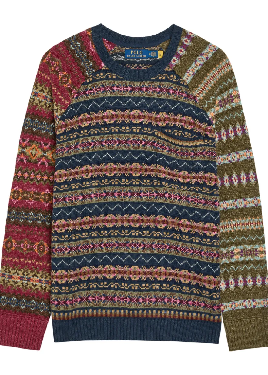 Patterned intarsia linen and cotton-blend jumper