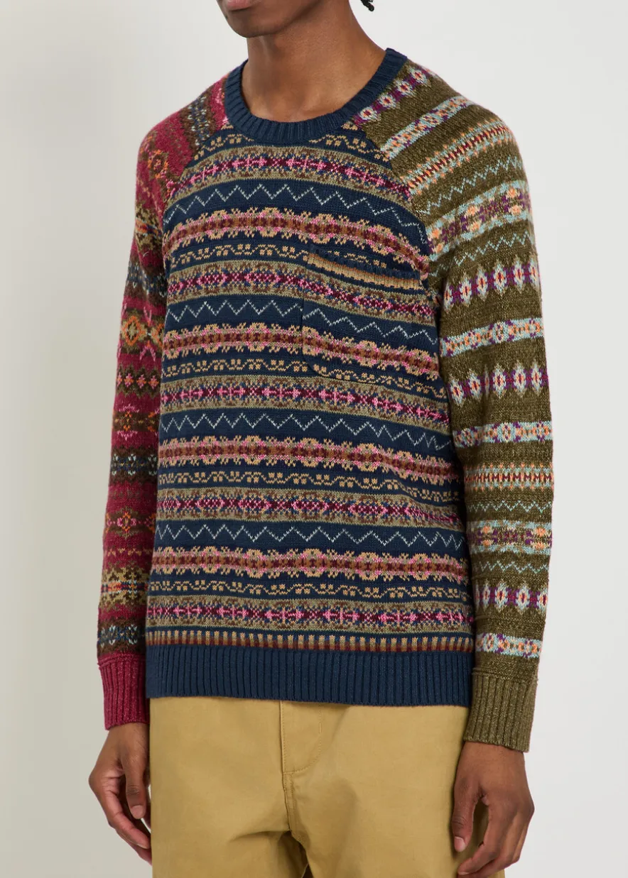 Patterned intarsia linen and cotton-blend jumper