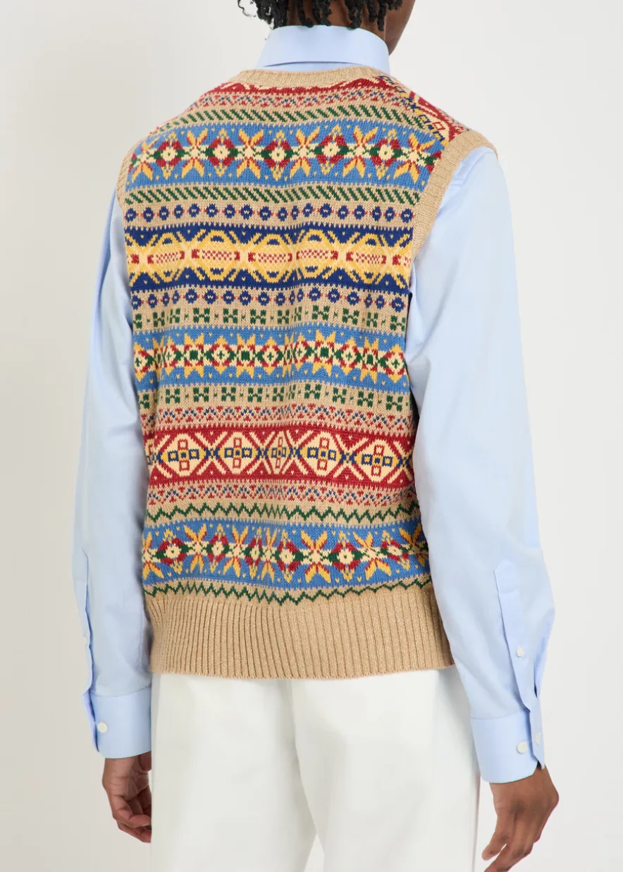 Patterned intarsia linen and cotton-blend vest