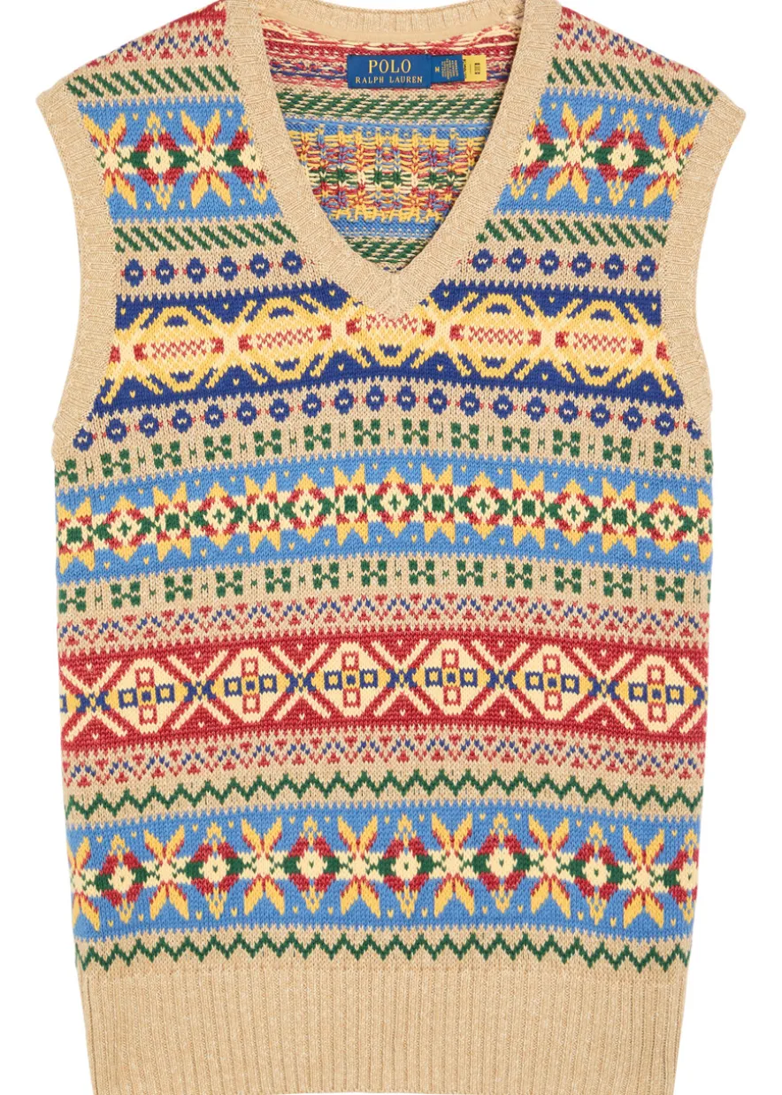 Patterned intarsia linen and cotton-blend vest