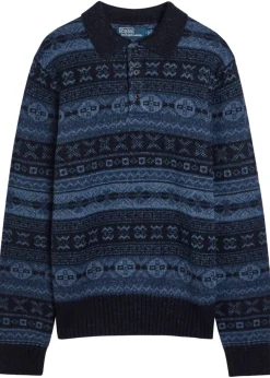 Patterned-intarsia wool-blend polo shirt